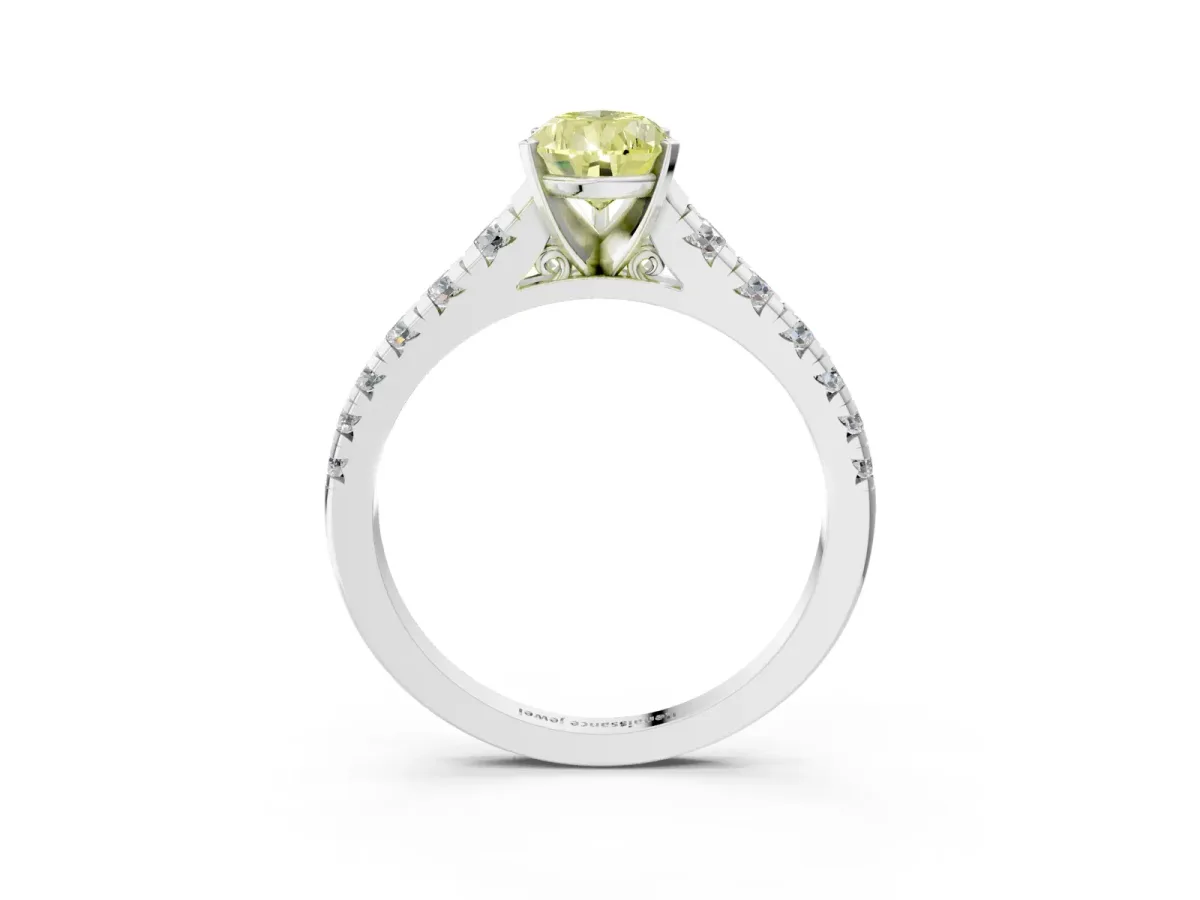 Fancy Yellow Pear Cut Diamond Cathedral Solitaire Ring with Round Pavé Band Silver