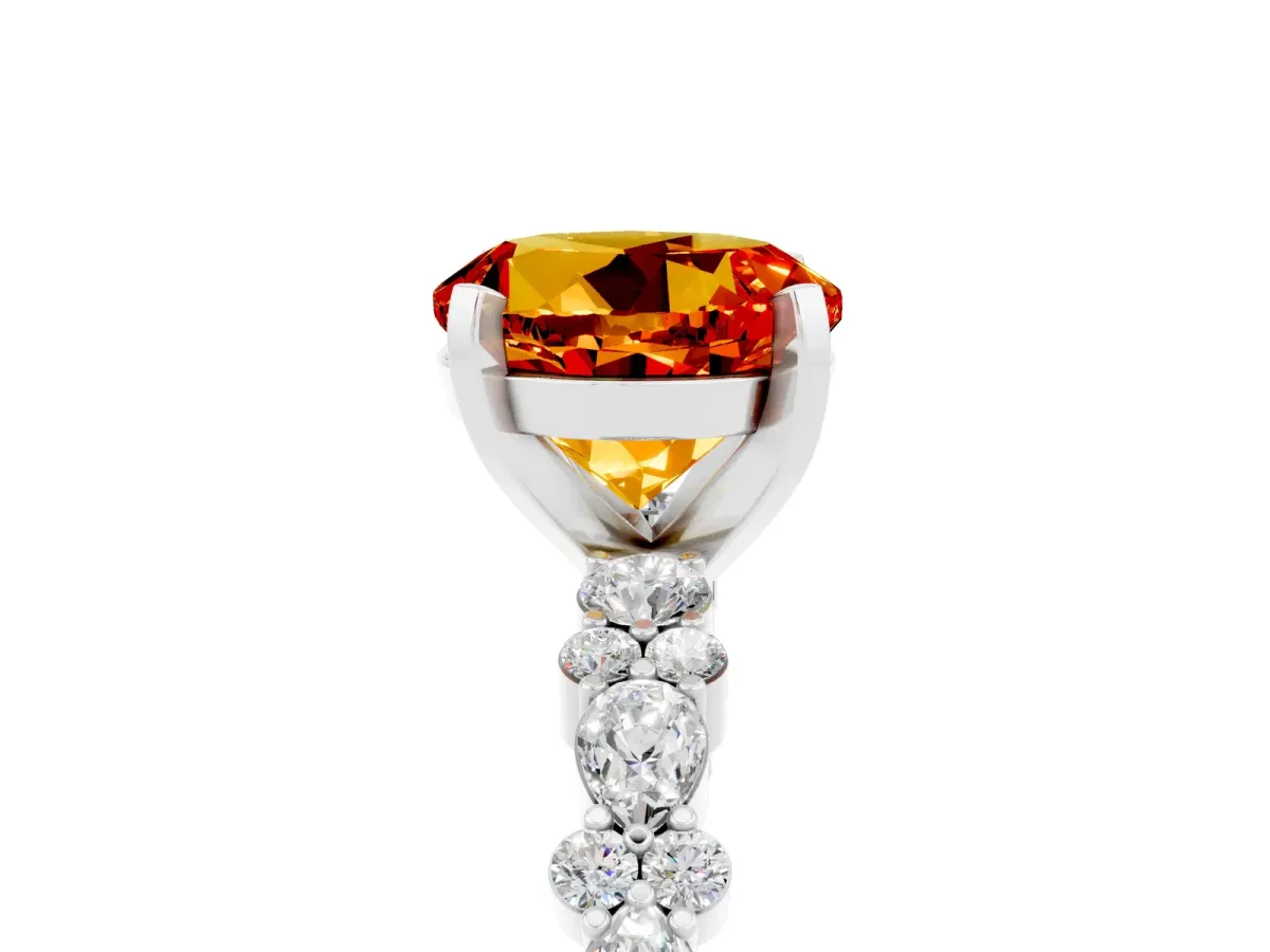 Round Cut Citrine Side Stone Solitaire Ring with Round and Four-Prong Setting Silver
