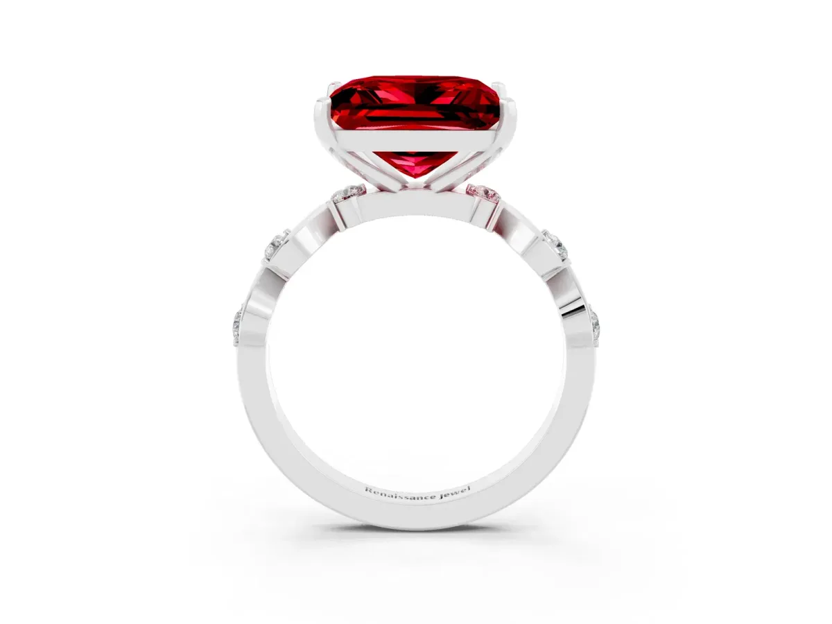 Princess Cut Ruby Solitaire Twisted Band with Round Accents and Prong Setting Silver