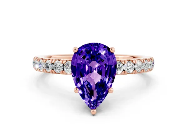 Pear Cut Tanzanite Pave Band Solitaire Ring with Round and Prong Setting Rose gold