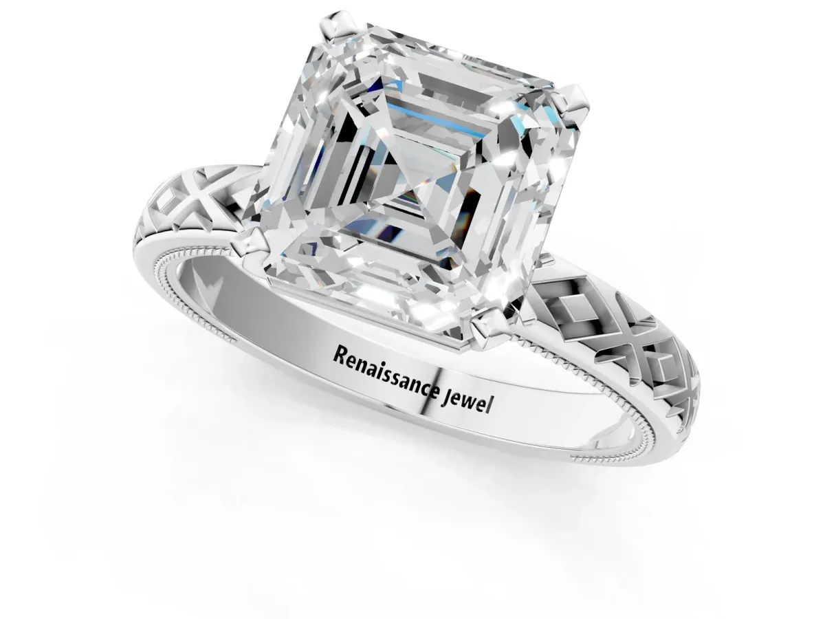 Asscher Cut Solitaire Diamond Ring with Milgrain and Black Enamel X Pattern Band Platinum