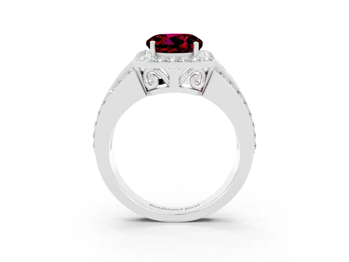 Round Cut Halo Garnet Ring with Round Split Shank and Prong Setting White gold