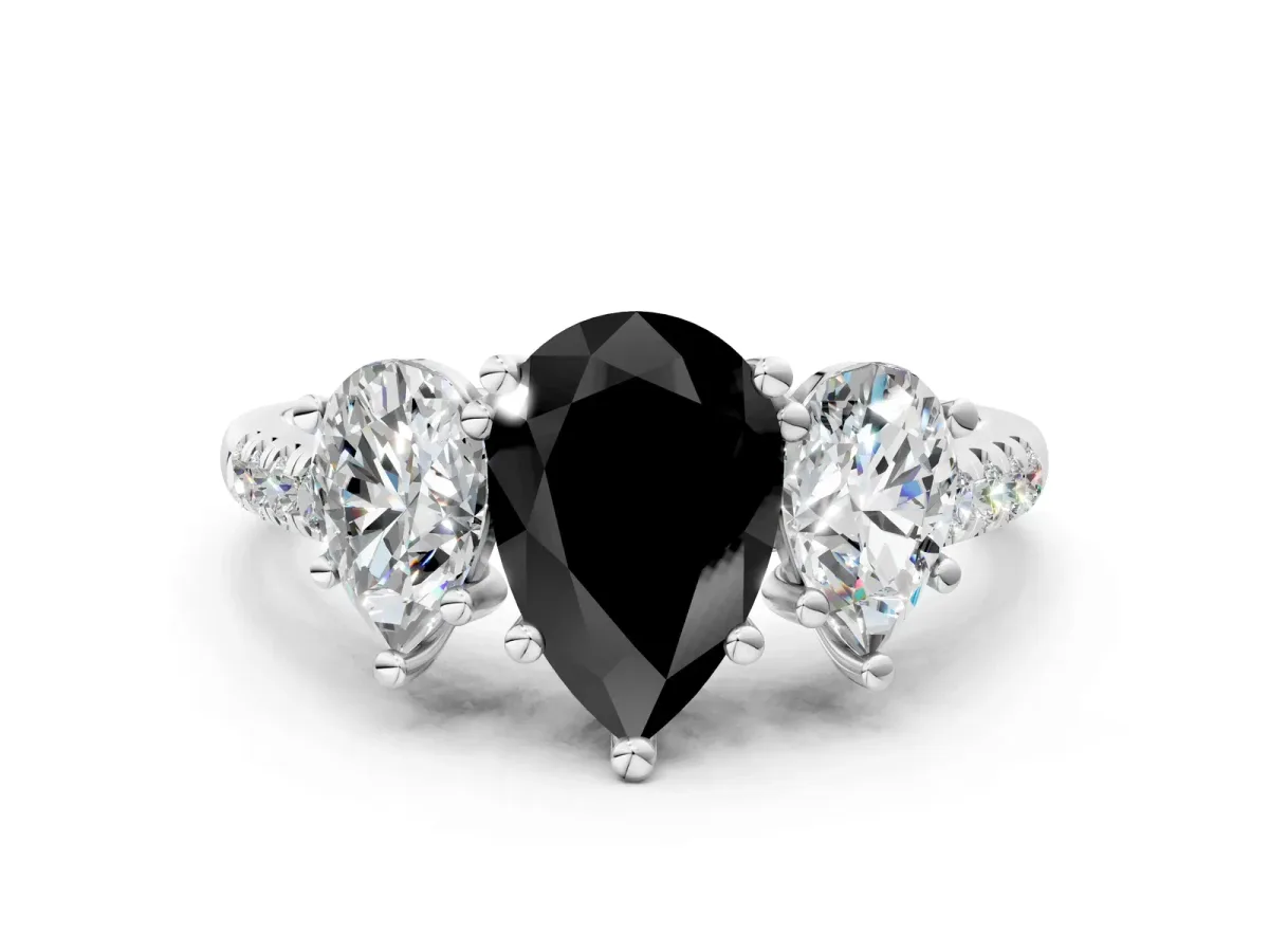 Fancy Black Three-Stone Pear Cut Diamond Ring with Round Pavé Band and Prong Setting Silver