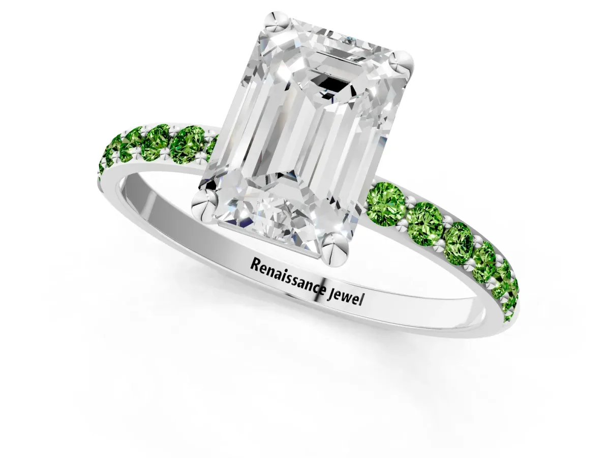 Emerald Cut Diamond Solitaire Ring with Round Peridot Pavé Band and Prong Setting Silver