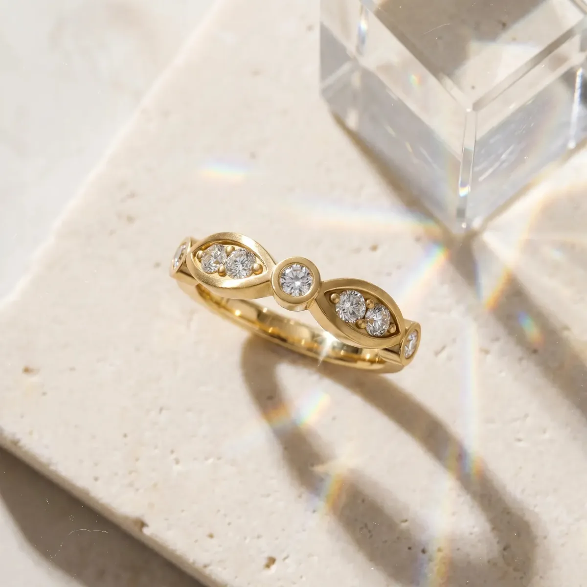 Bezel Set Round Diamond Marquise Band Yellow gold