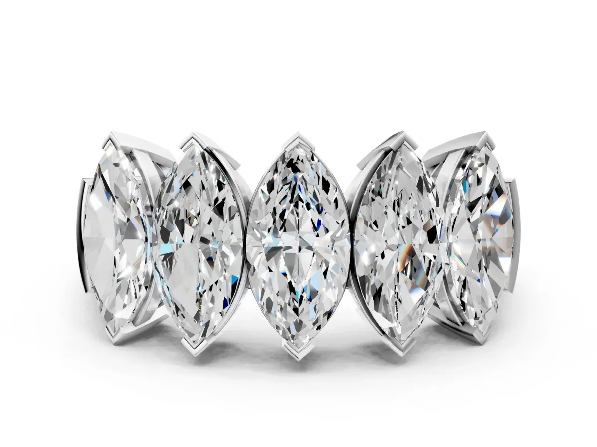 Five Stone Marquise Diamond Prong Set White Gold Band Silver