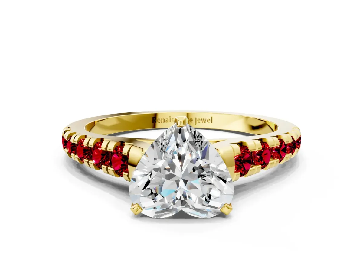 Heart Cut Diamond Cathedral Solitaire Ring with Round Ruby Pavé Band Yellow gold