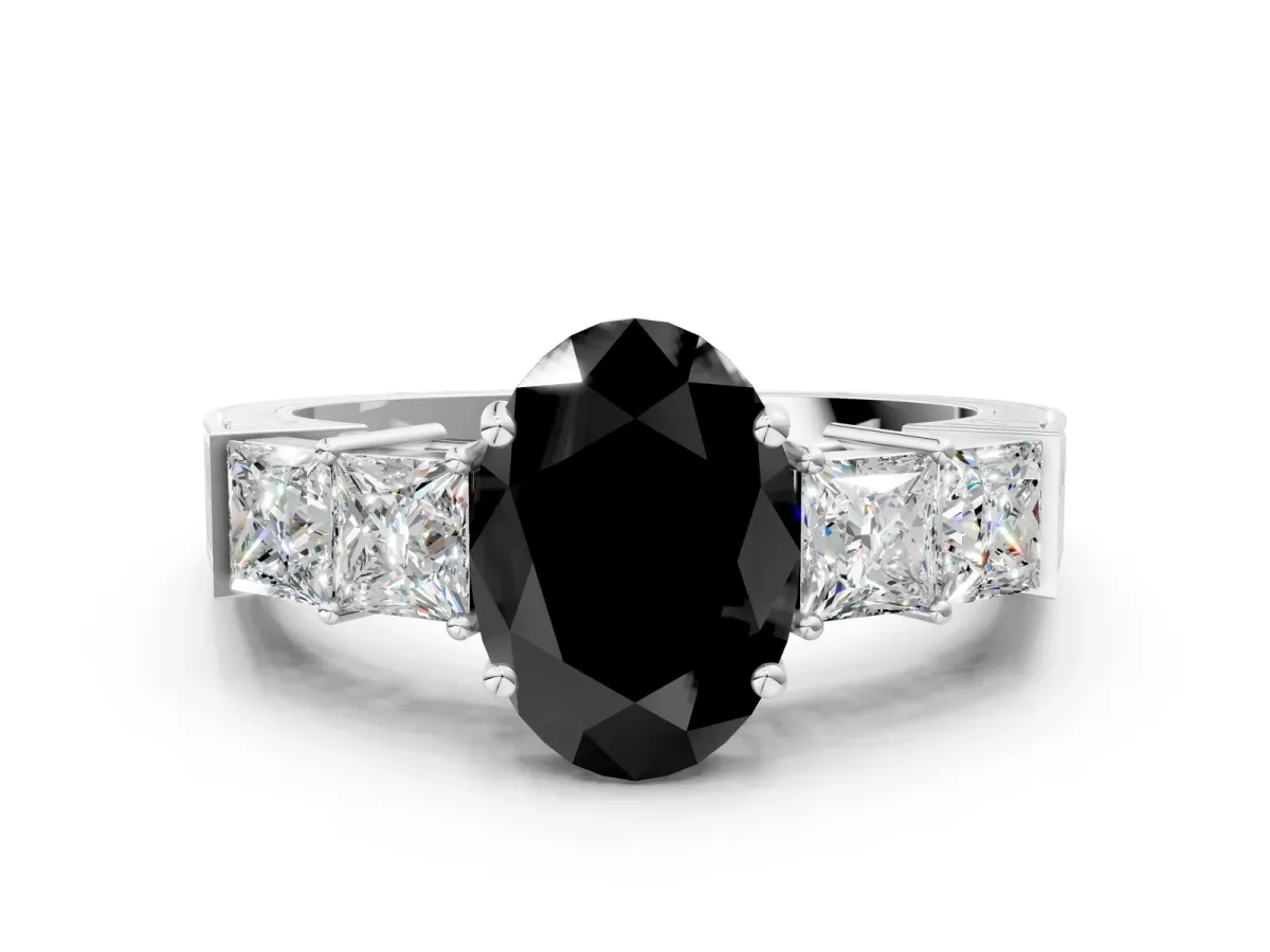 Fancy Black Oval Cut Solitaire Princess Side Stone Engraved Band Prong Setting Ring Platinum