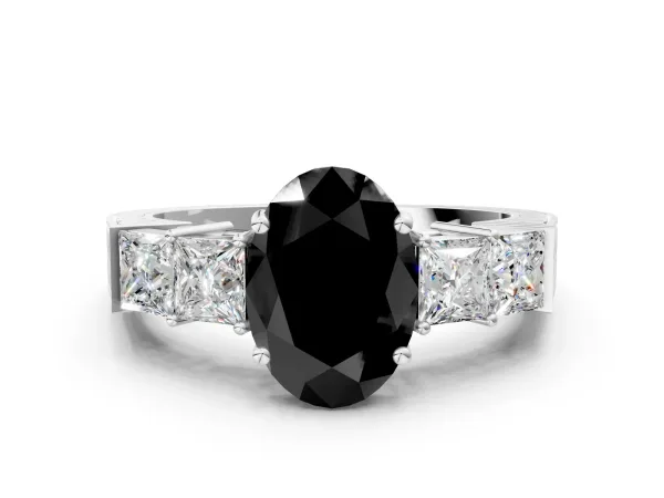 Fancy Black Oval Cut Solitaire Princess Side Stone Engraved Band Prong Setting Ring Platinum