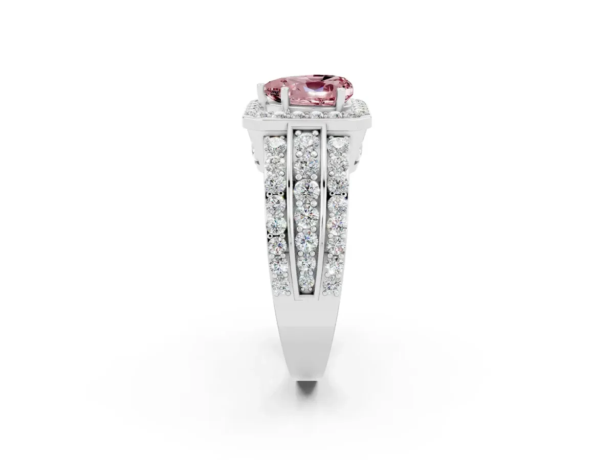 Heart Cut Halo Morganite Ring with Round Split Shank and Prong Setting Silver
