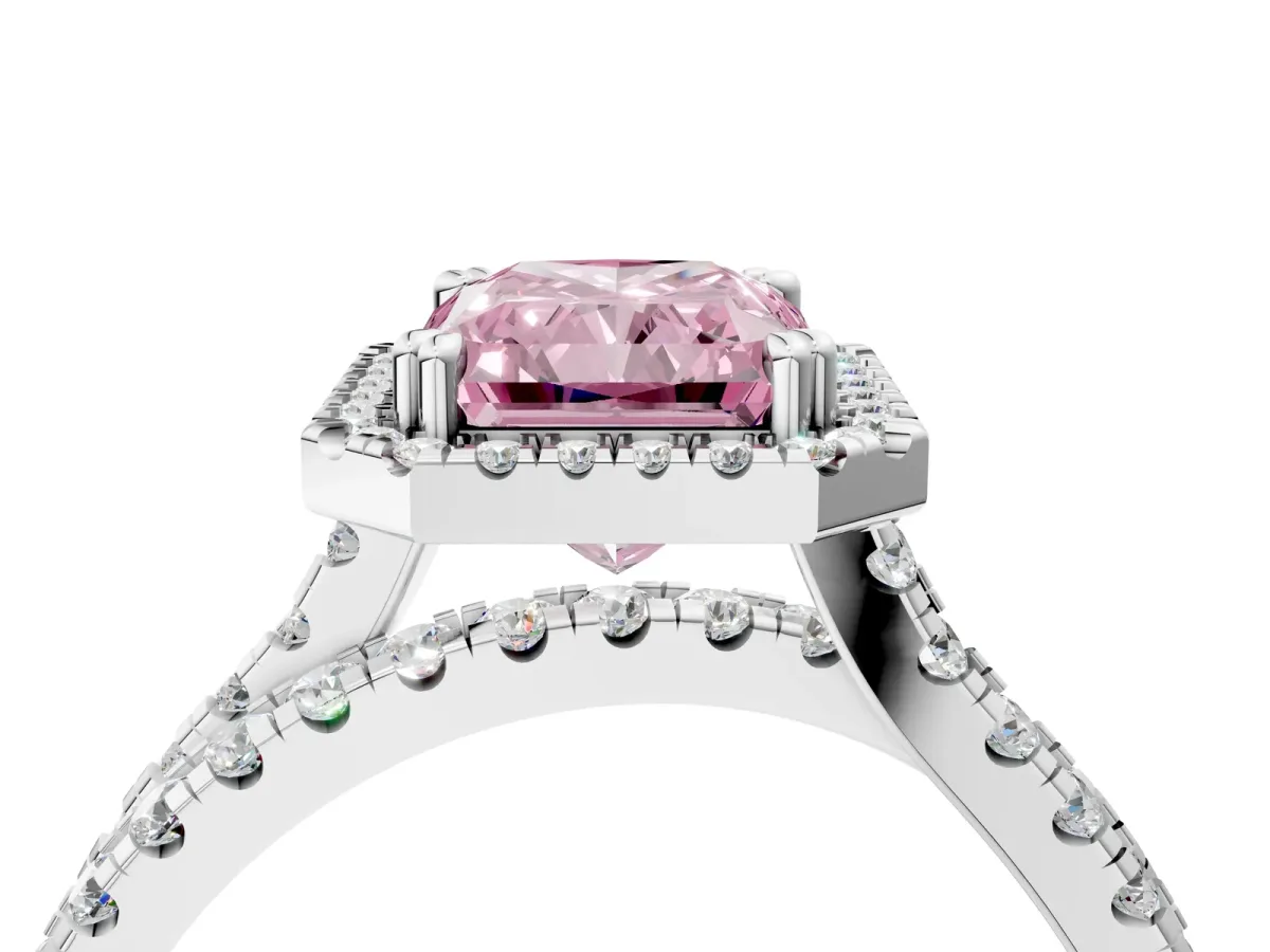 Fancy Pink Radiant Cut Halo Split Shank Diamond Ring with Pavé Setting Platinum