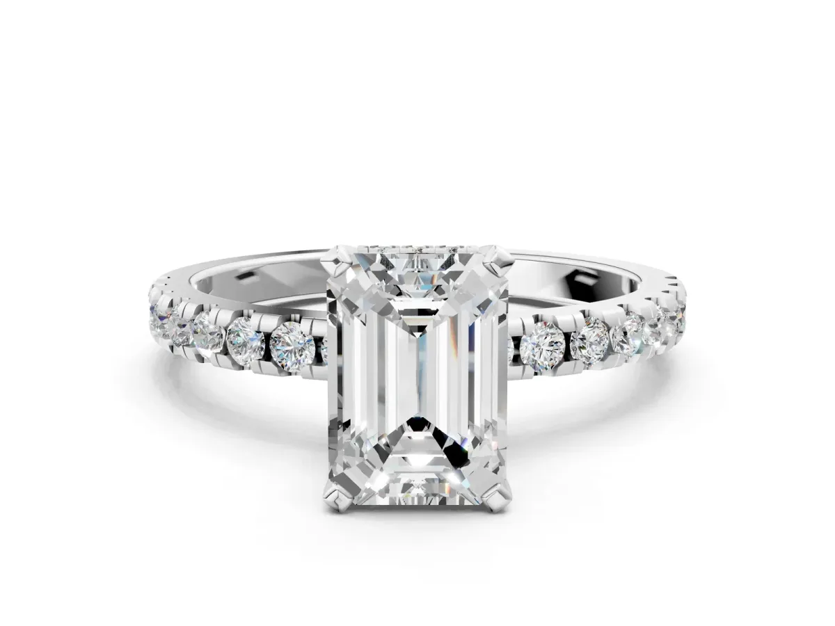 Emerald Cut Diamond Solitaire Ring with Round Pavé Band and Four-Prong Setting Platinum
