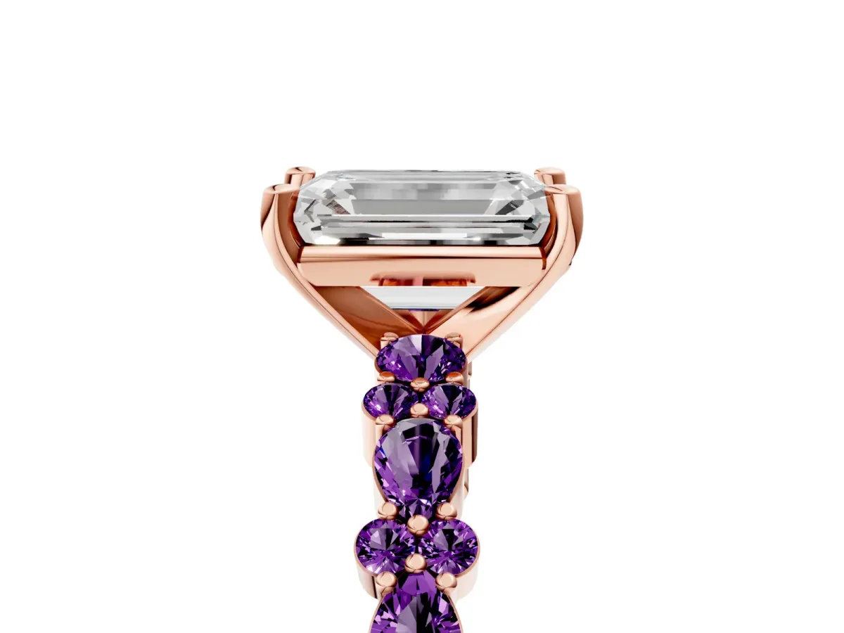 Emerald Cut Diamond Side Stone Solitaire Ring with Round Amethyst and Four-Prong Setting Rose gold