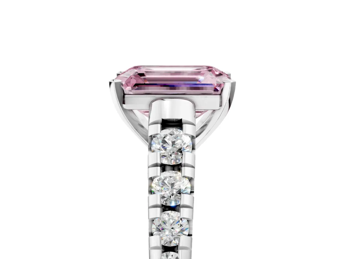Fancy Pink Emerald Cut Diamond Cathedral Solitaire Ring with Round Pavé Band Silver