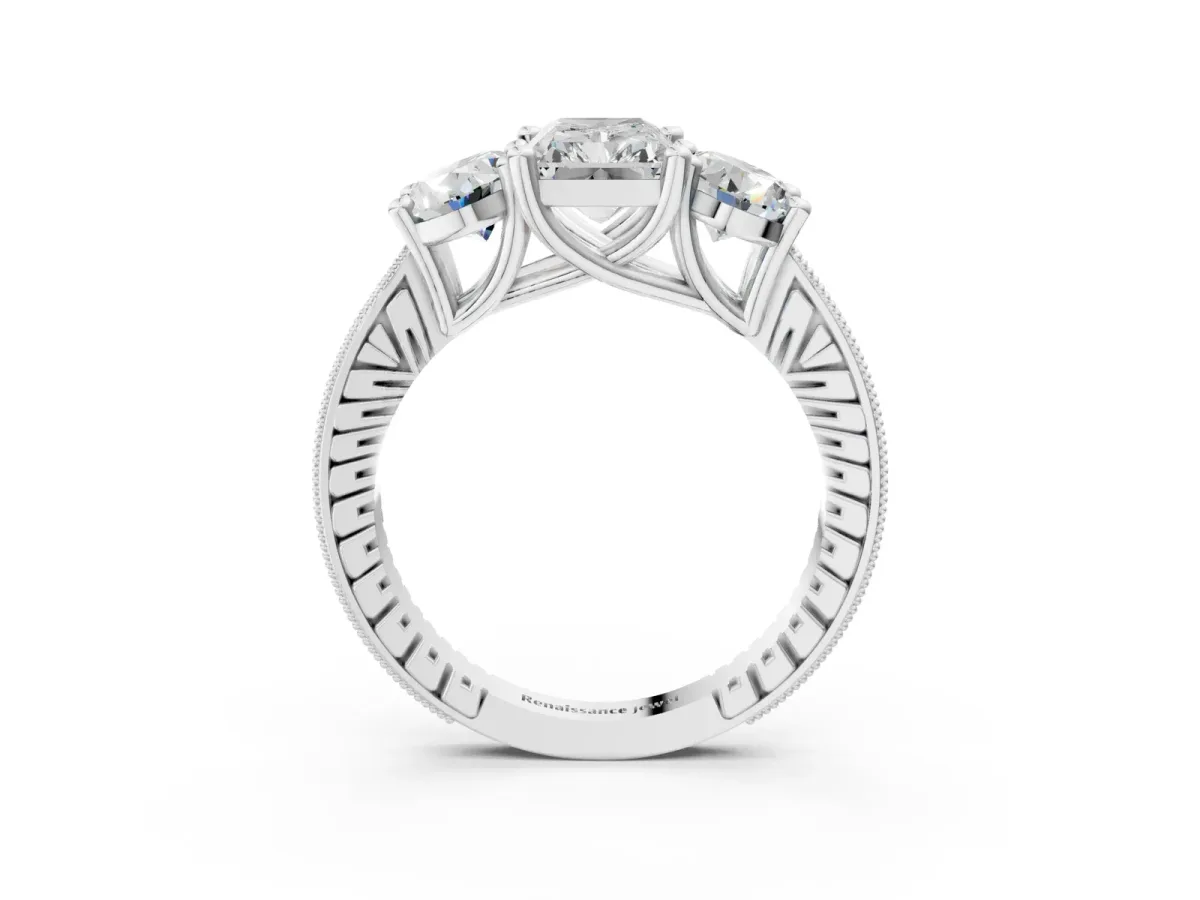 Three-Stone Radiant Cut Diamond Milgrain Pave Band with Prong Setting Platinum