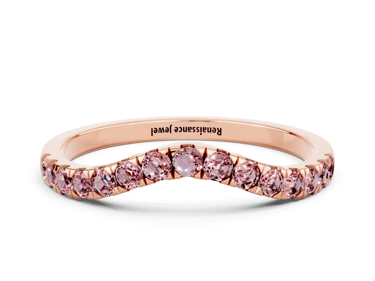 Curved Pavé Round Morganite Wedding Band with Shared Prong Setting Rose gold