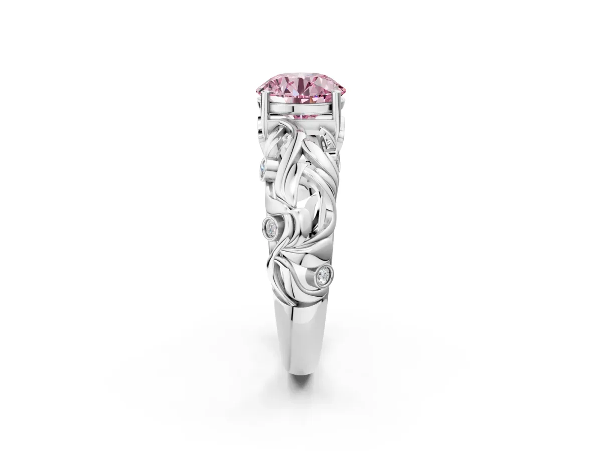 Fancy Pink Round Cut Solitaire Diamond Leaf-Inspired Vine Band Ring with Prong Setting Silver