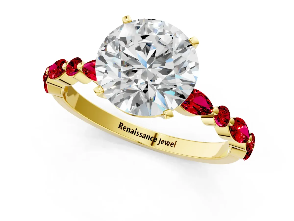 Round Cut Diamond Ring with Marquise and Round Ruby Side Stones and Four-Prong Setting Yellow gold