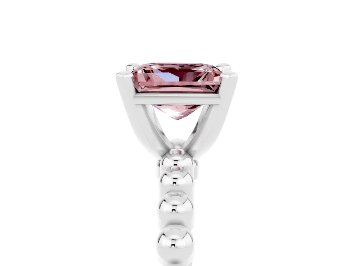 Princess Cut Morganite Solitaire Ring with Beaded Band and Prong Setting Platinum
