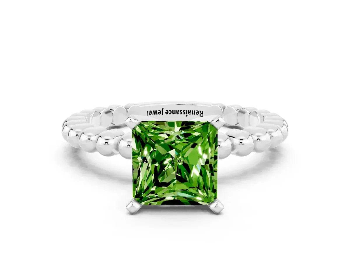Princess Cut Peridot Solitaire Ring with Beaded Band and Prong Setting White gold