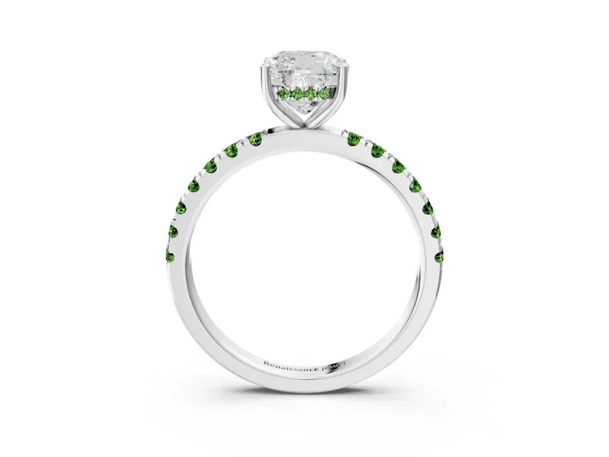 Cushion Cut Diamond Pave Band Solitaire Ring with Round Peridot and Prong Setting Silver