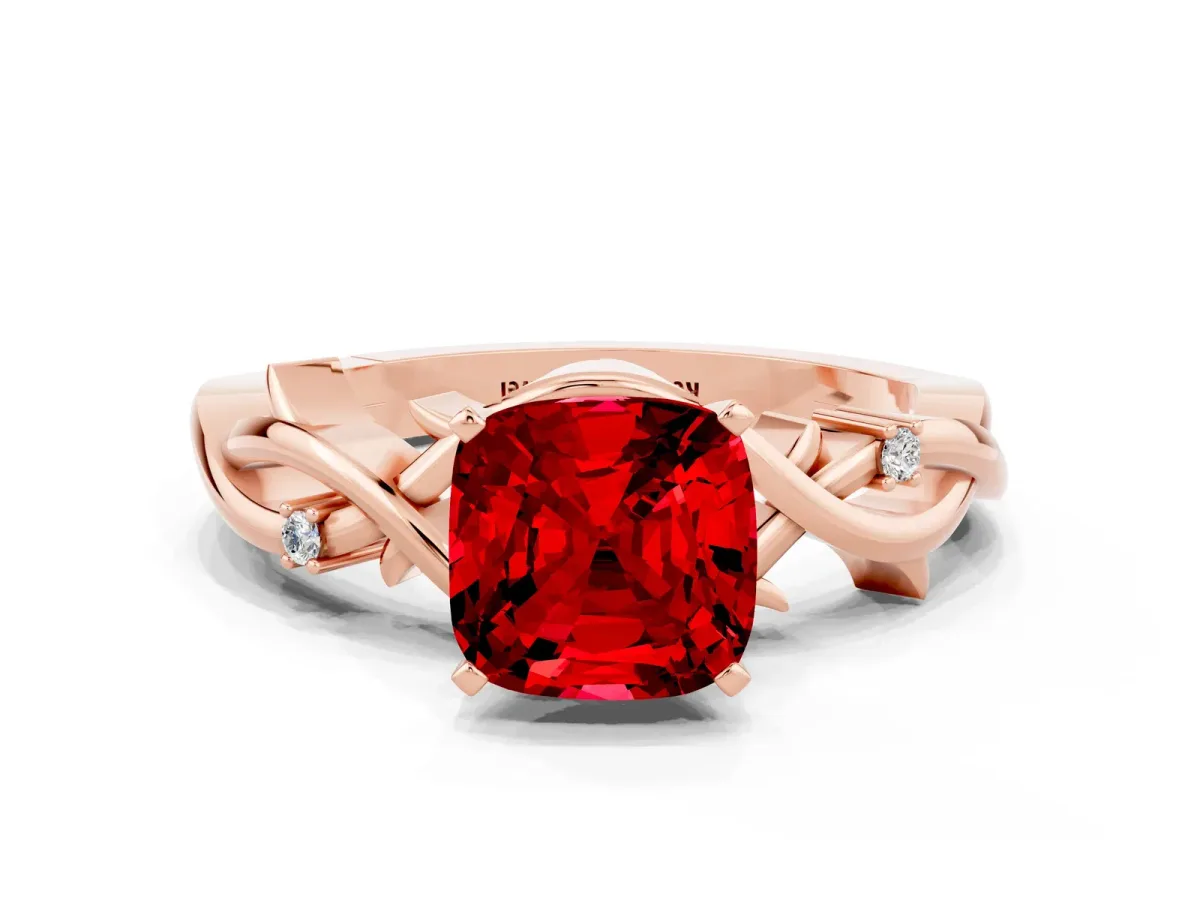 Cushion Cut Ruby Solitaire Ring with Twisted Band and Prong Setting Rose gold