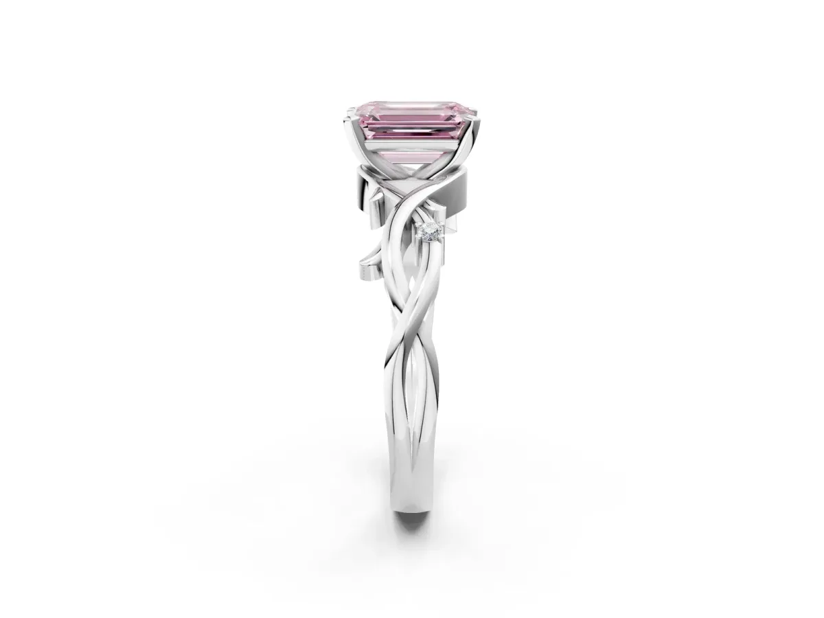 Fancy Pink Emerald Cut Diamond Solitaire Ring with Twisted Band and Prong Setting Silver