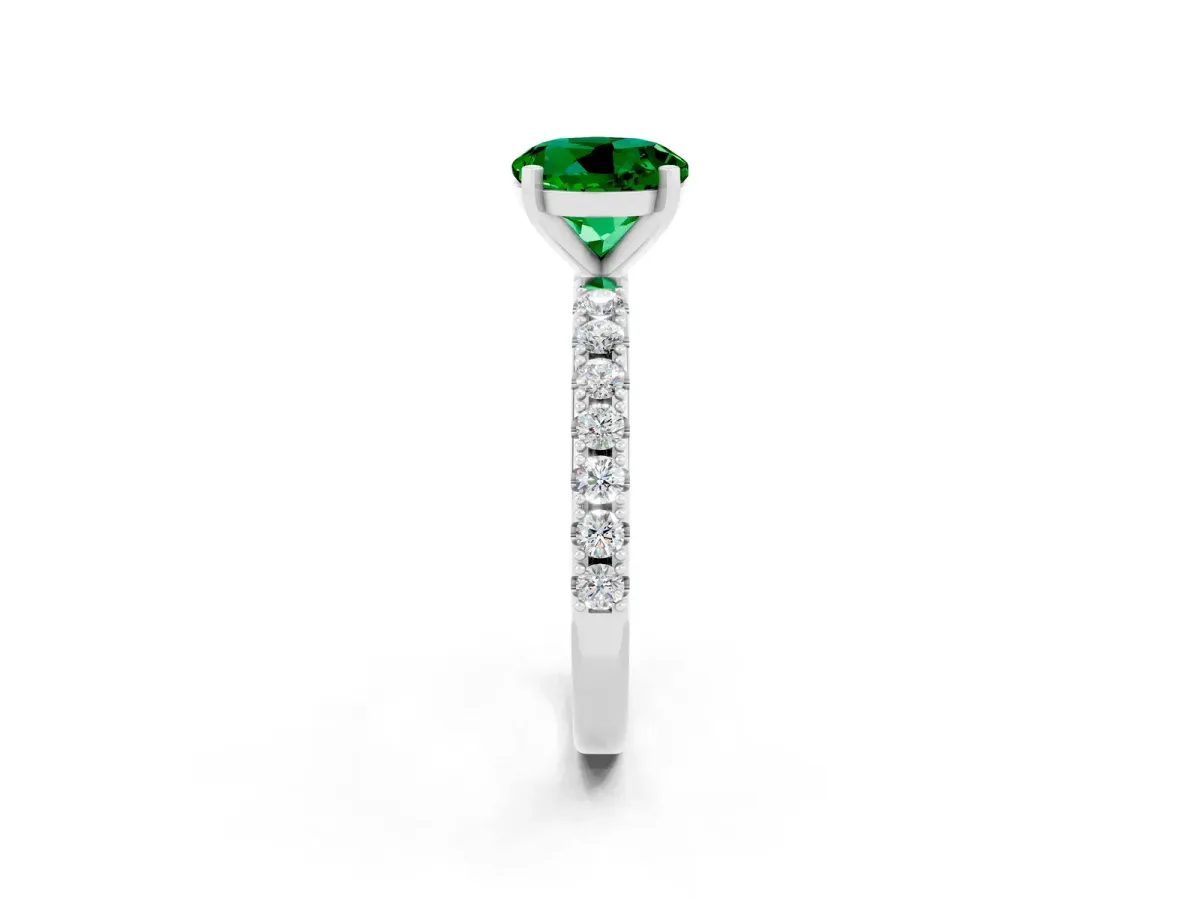 Round Cut Emerald Solitaire Pavé Band with Four-Prong Setting Silver