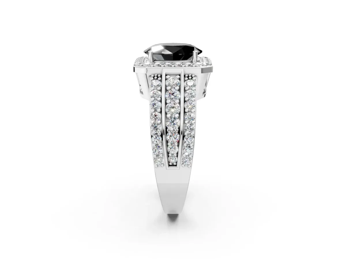 Fancy Black Oval Cut Halo Diamond Ring with Round Split Shank and Prong Setting Silver