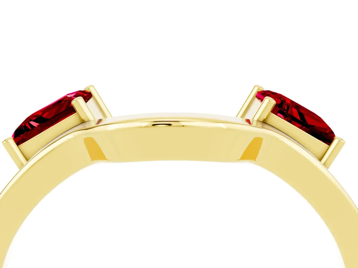 Princess Cut Ruby Two-Stone Open Band Ring with Four-Prong Setting Yellow gold