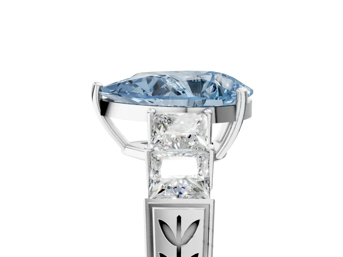 Fancy Blue Pear Cut Solitaire Princess Side Stone Engraved Band Prong Setting Ring Platinum