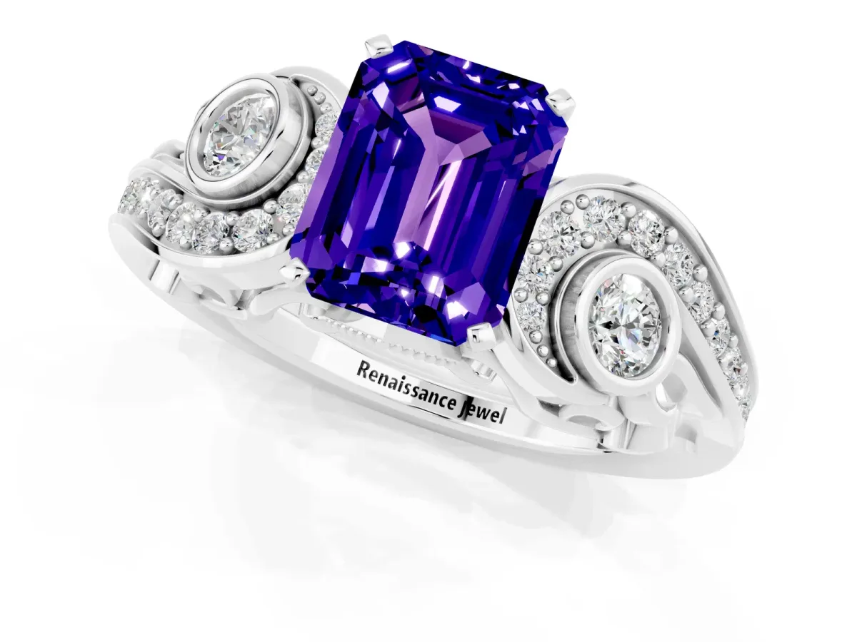 Emerald Cut Tanzanite Solitaire Ring with Milgrain Pavé Band and Four-Prong Setting Silver