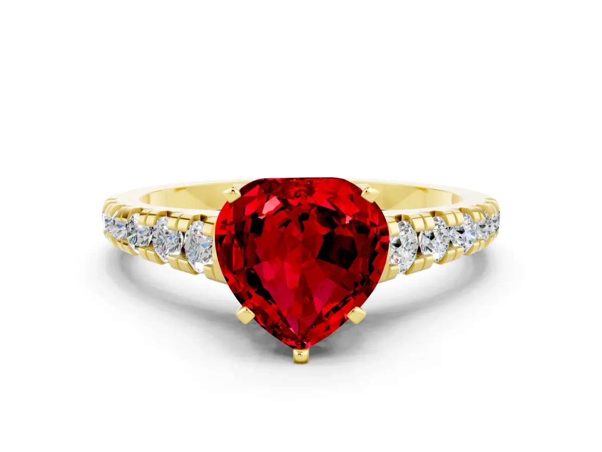 Heart Cut Ruby Cathedral Solitaire Ring with Round Pavé Band Yellow gold