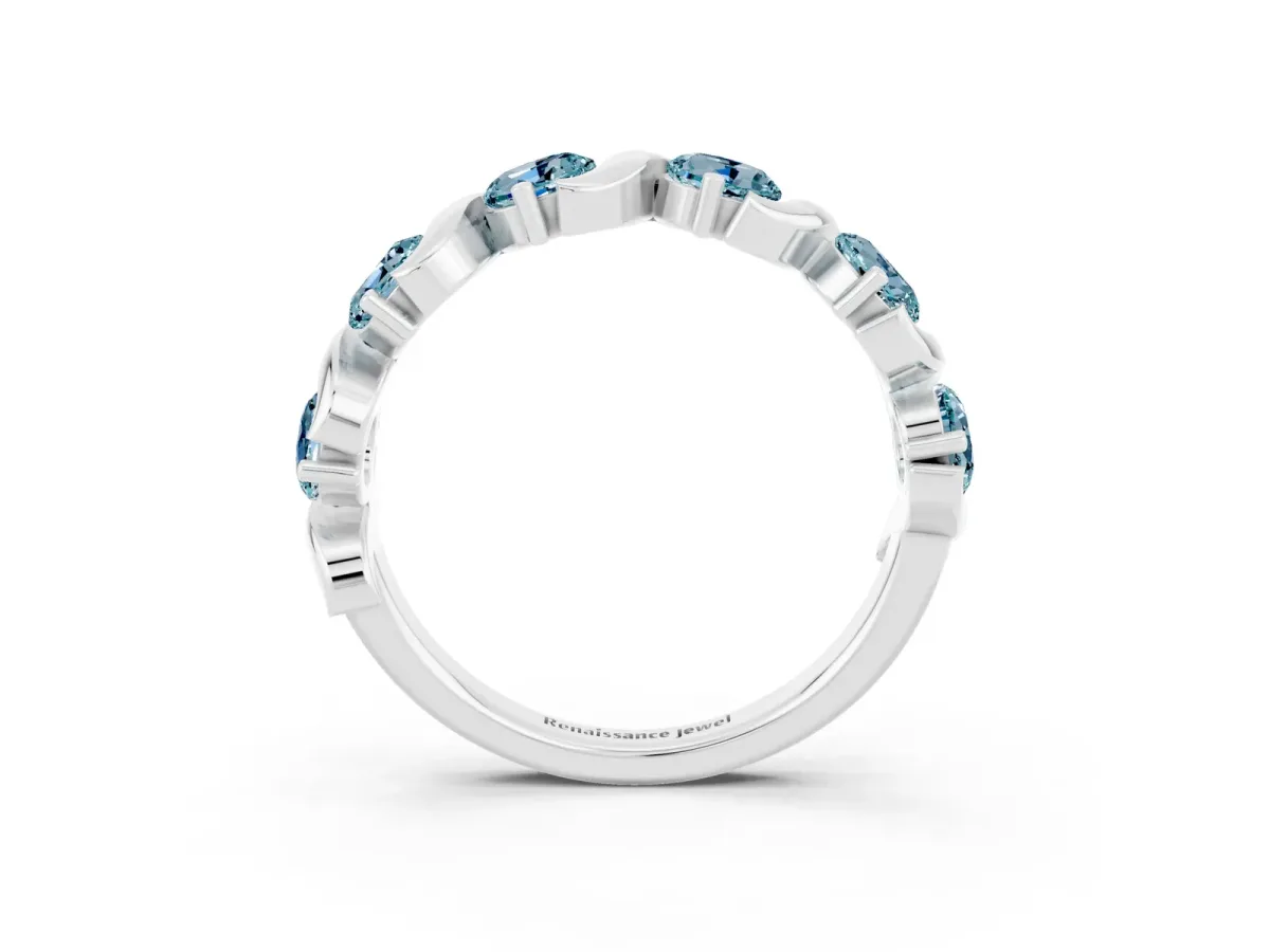 Six-Stone Round Aquamarine Wave Band with Shared Prong Setting White gold
