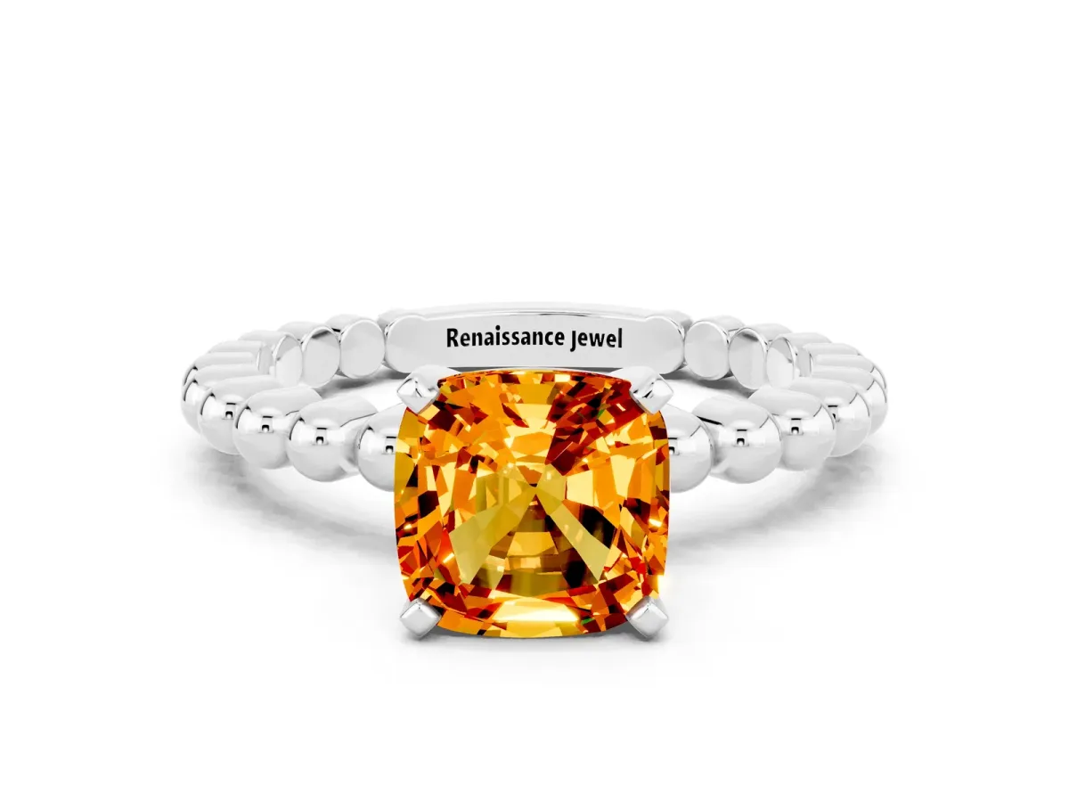 Cushion Cut Citrine Solitaire Ring with Beaded Band and Prong Setting Silver