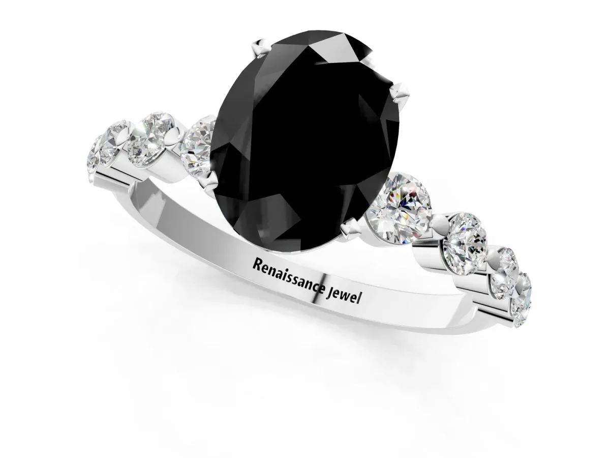 Fancy Black Oval Cut Solitaire Diamond Ring with Pave Band and Four-Prong Setting Platinum