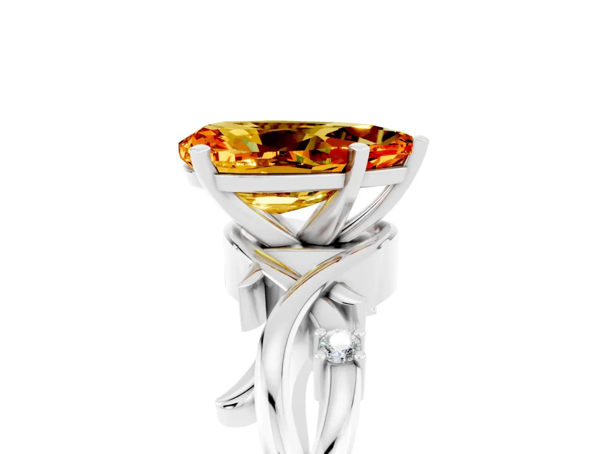 Pear Cut Citrine Solitaire Ring with Twisted Band and Prong Setting Platinum