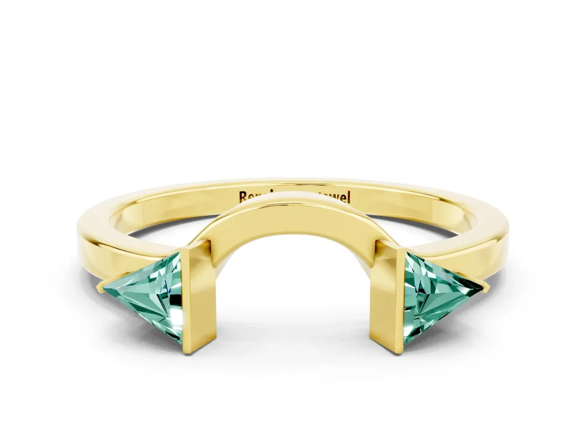 Trillion Green Sapphire Open Band Ring with Bezel Setting Yellow gold