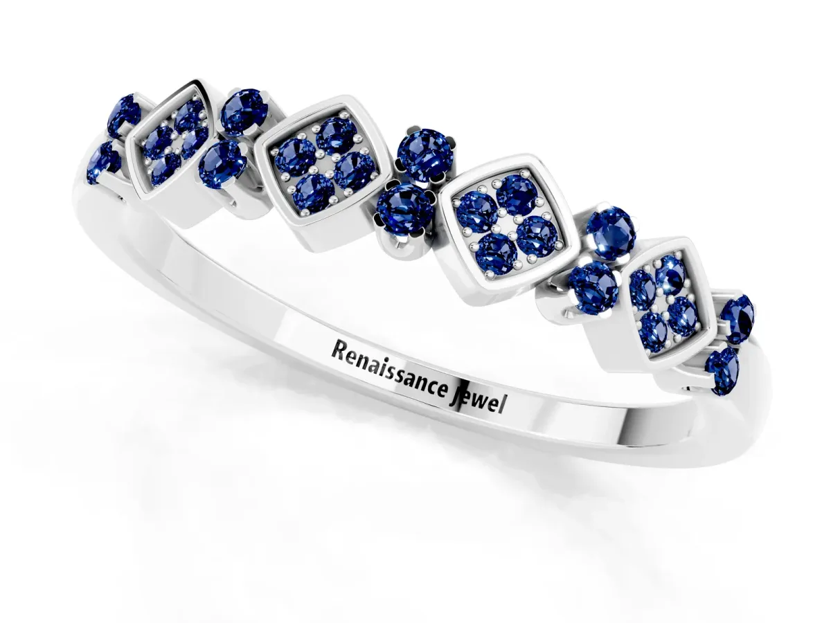 Pavé Cushion Blue Sapphire Cluster Eternity Band with Prong Setting Platinum