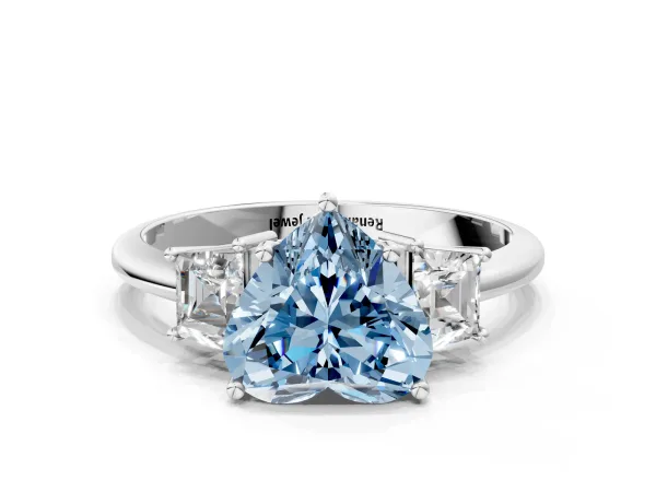 Fancy Blue Heart Cut Diamond Three-Stone Ring with Trapezoid Side Stones and Prong Setting Platinum