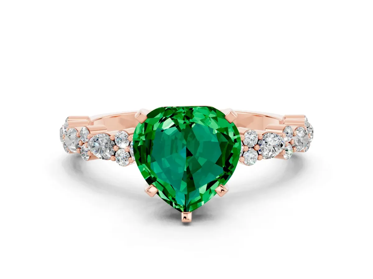 Heart Cut Emerald Side Stone Solitaire Ring with Round and Four-Prong Setting Rose gold
