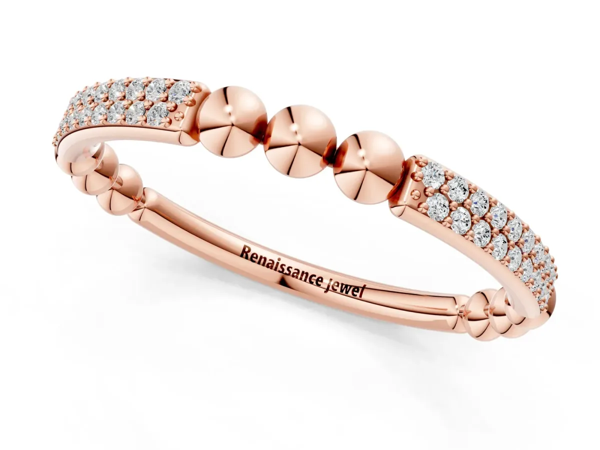 Pave Round Diamond Beaded Band with Shared Prong Setting Rose gold