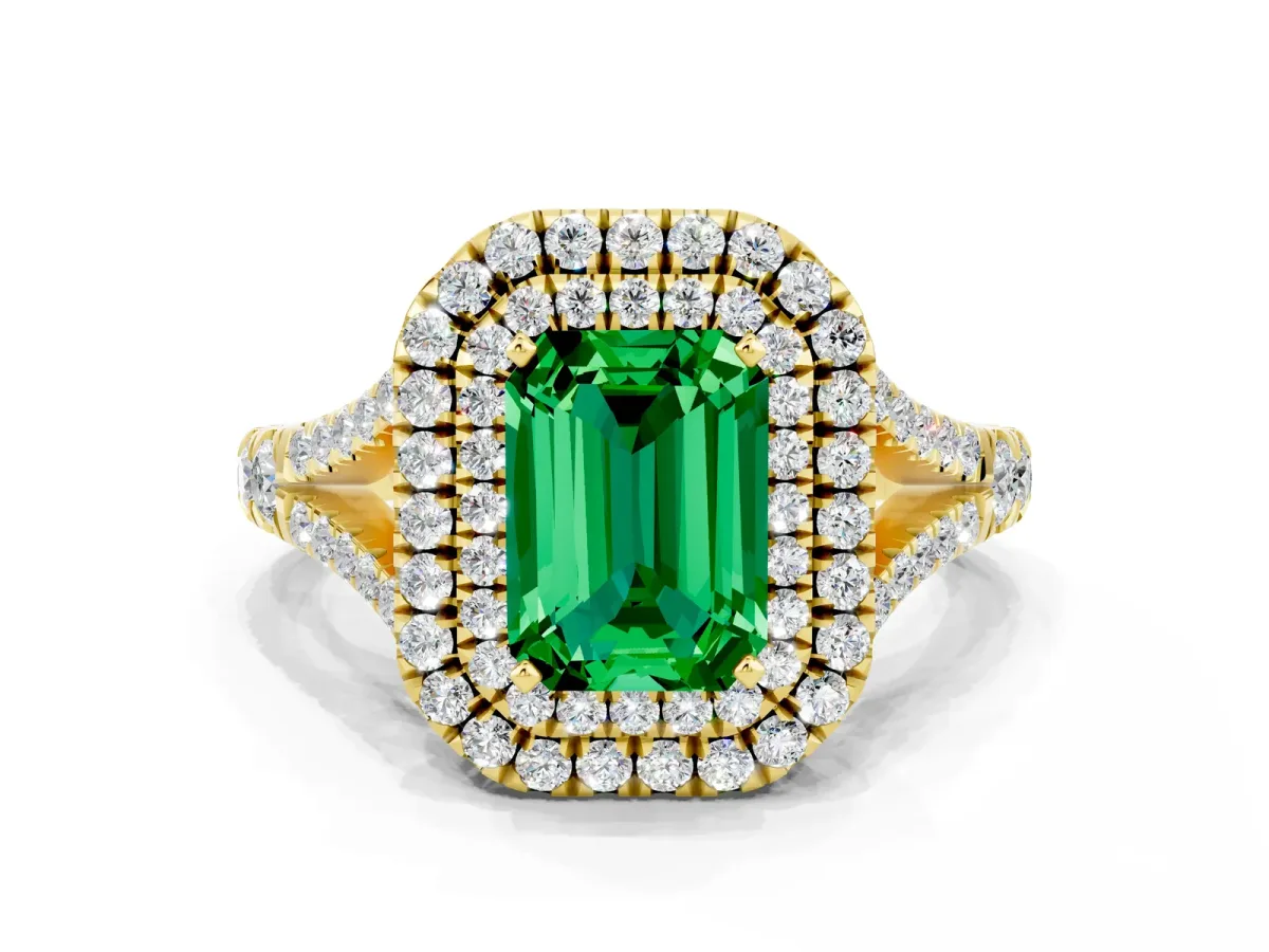 Double Halo Emerald Cut Emerald Split Shank Engagement Ring with Four-Prong Setting Yellow gold