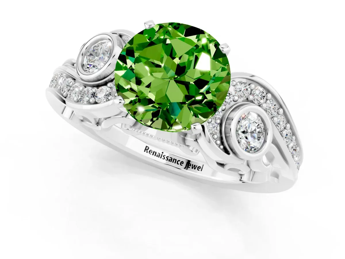 Round Cut Peridot Solitaire Ring with Milgrain Pavé Band and Four-Prong Setting Silver
