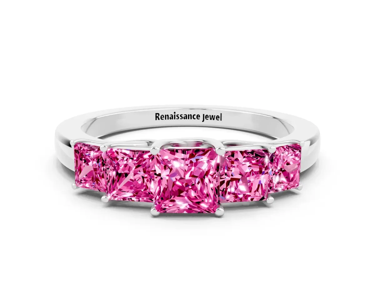 Princess Cut Five-Stone Pink Sapphire Ring with Classic Prong Setting Platinum