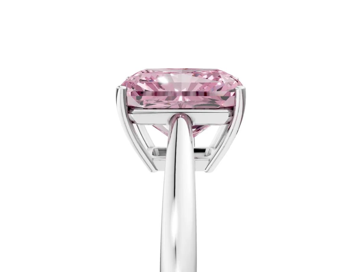 Fancy Pink Radiant Cut Solitaire Diamond Ring with Split Shank and Four-Prong Setting Platinum