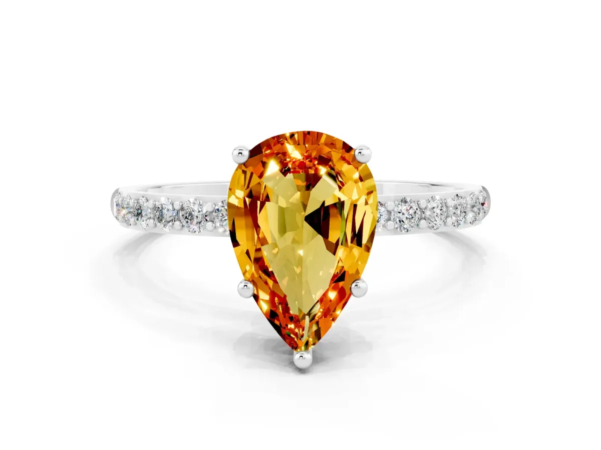Pear Cut Citrine Solitaire Ring with Round Pavé Band and Prong Setting Silver
