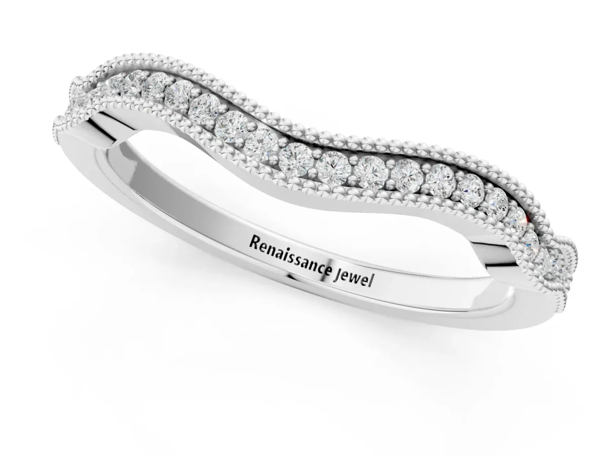 Pavé Round Diamond Curved Milgrain Band Silver