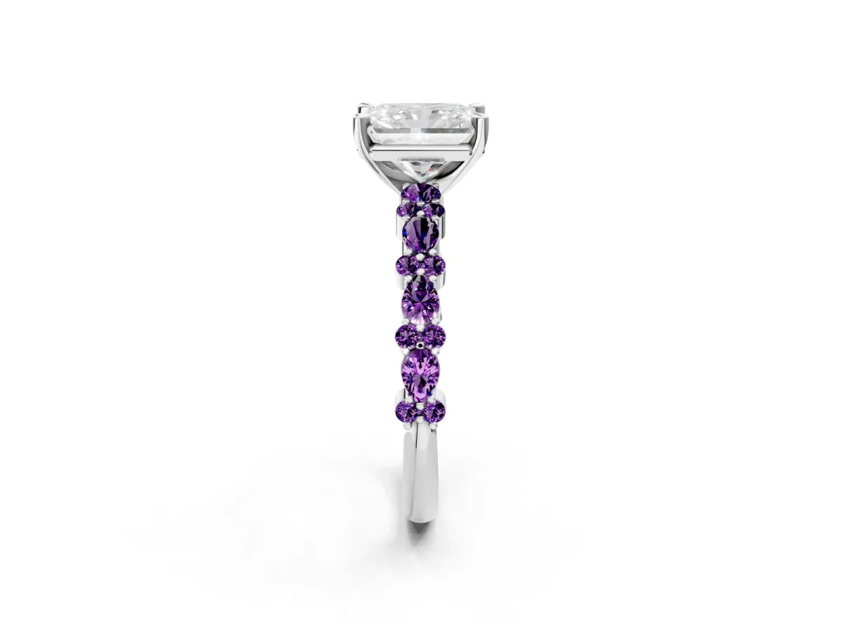 Radiant Cut Diamond Side Stone Solitaire Ring with Round Amethyst and Four-Prong Setting Platinum