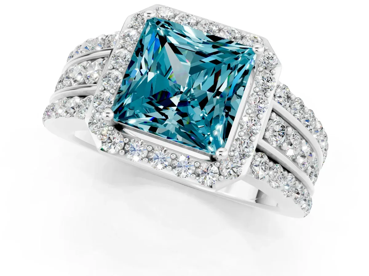 Princess Cut Halo Blue Topaz Ring with Round Split Shank and Prong Setting Silver